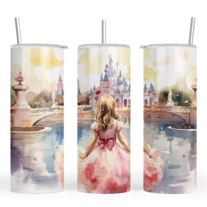 Watercolour Girl in Pink Dress and Castle