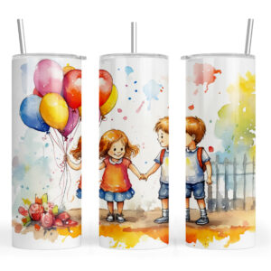 Watercolour Small Girl and Boy with Balloons