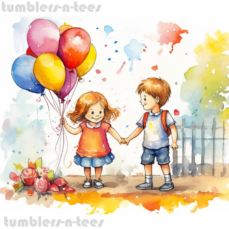 Watercolour Small Girl and Boy with Balloons - Image 4