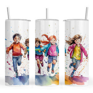 Watercolour Girls and Boys running in the rain