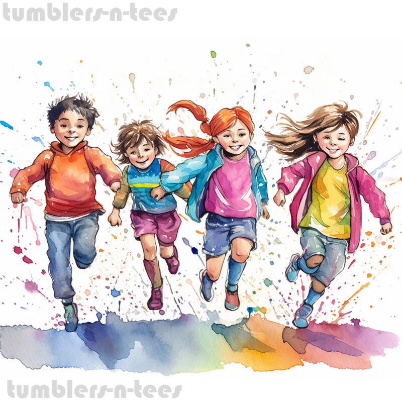 Watercolour Girls and Boys running in the rain - Image 4