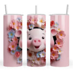3D Effect Pink Pig with Flowers