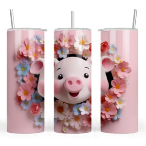 3D Effect Pink Pig with Flowers