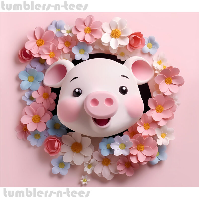 3D Effect Pink Pig with Flowers - Image 4