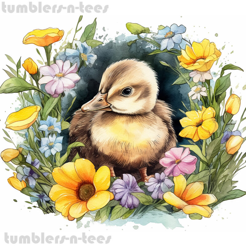 Watercolour Cute Duckling with Flowers - Image 4