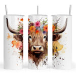 Watercolour Highland Cow with Floral Headdress