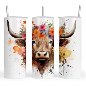 Watercolour Highland Cow with Floral Headdress