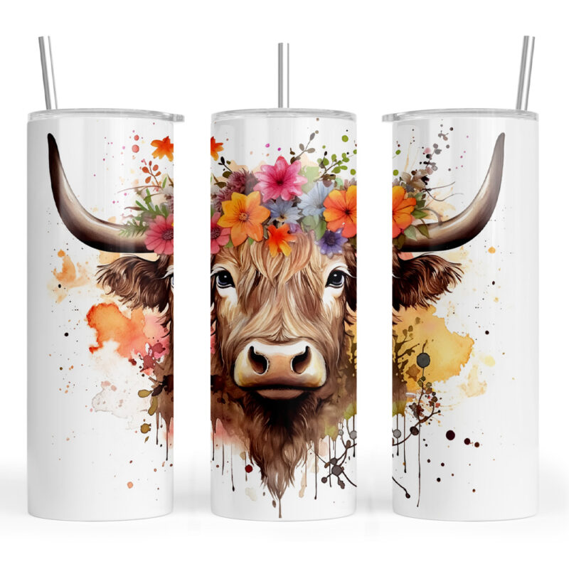 Watercolour Highland Cow with Floral Headdress
