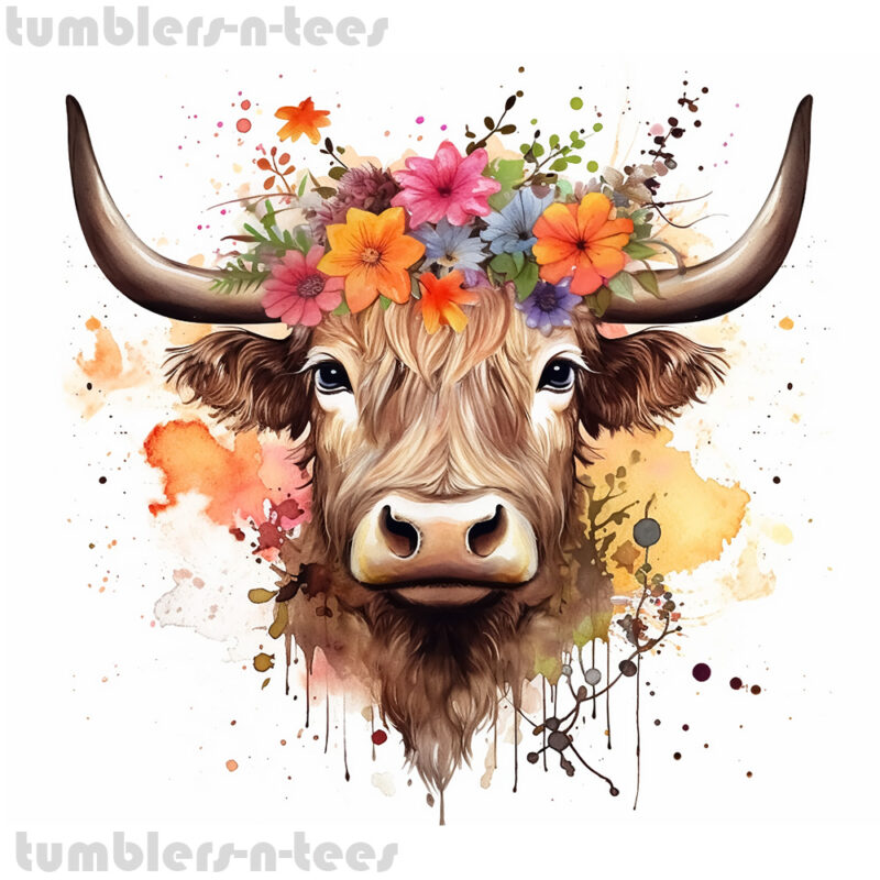 Watercolour Highland Cow with Floral Headdress - Image 4