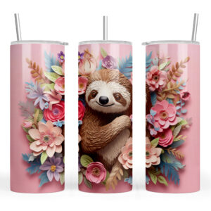 3D Effect Sloth Pink Background with Flowers