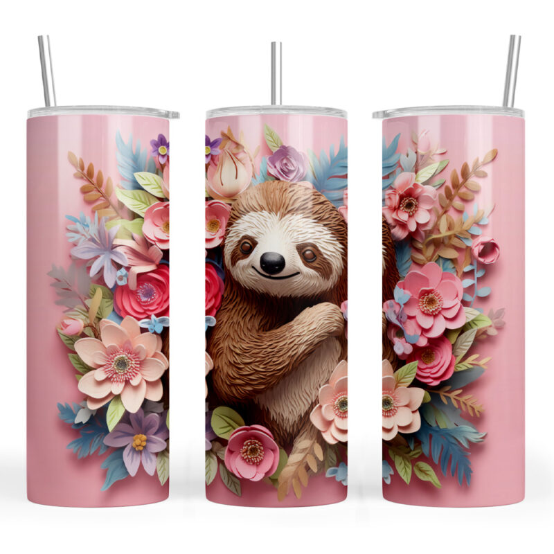 3D Effect Sloth Pink Background with Flowers