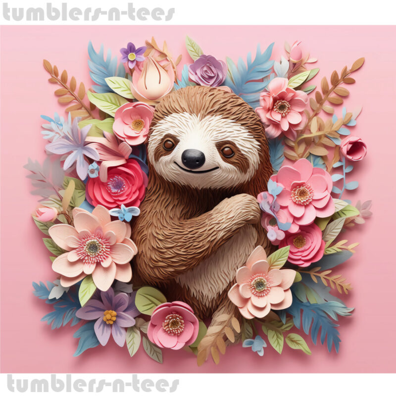 3D Effect Sloth Pink Background with Flowers - Image 4
