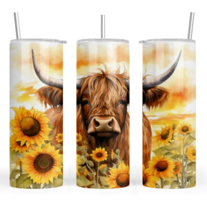 Highland Cow and Sunflowers