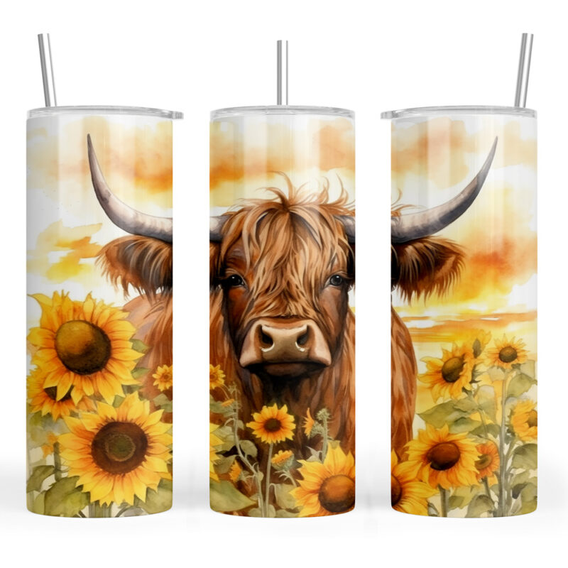 Highland Cow and Sunflowers